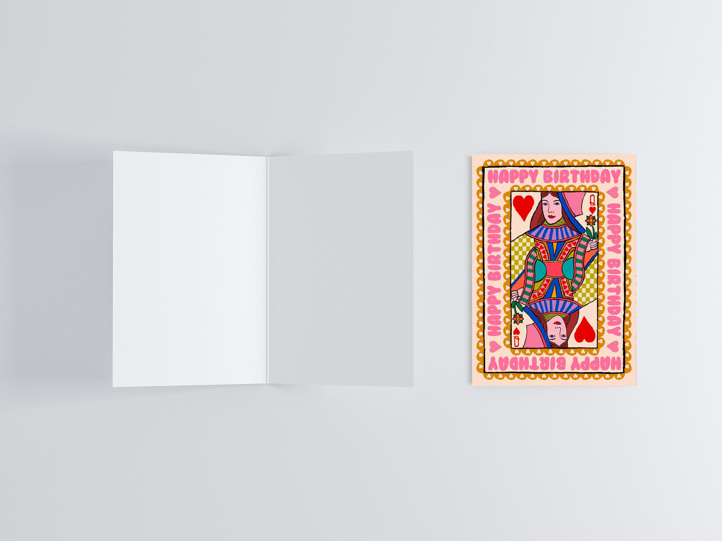Happy Birthday Queen Of Hearts Playing Card Greeting Card flat lay photo | Mauds Studio