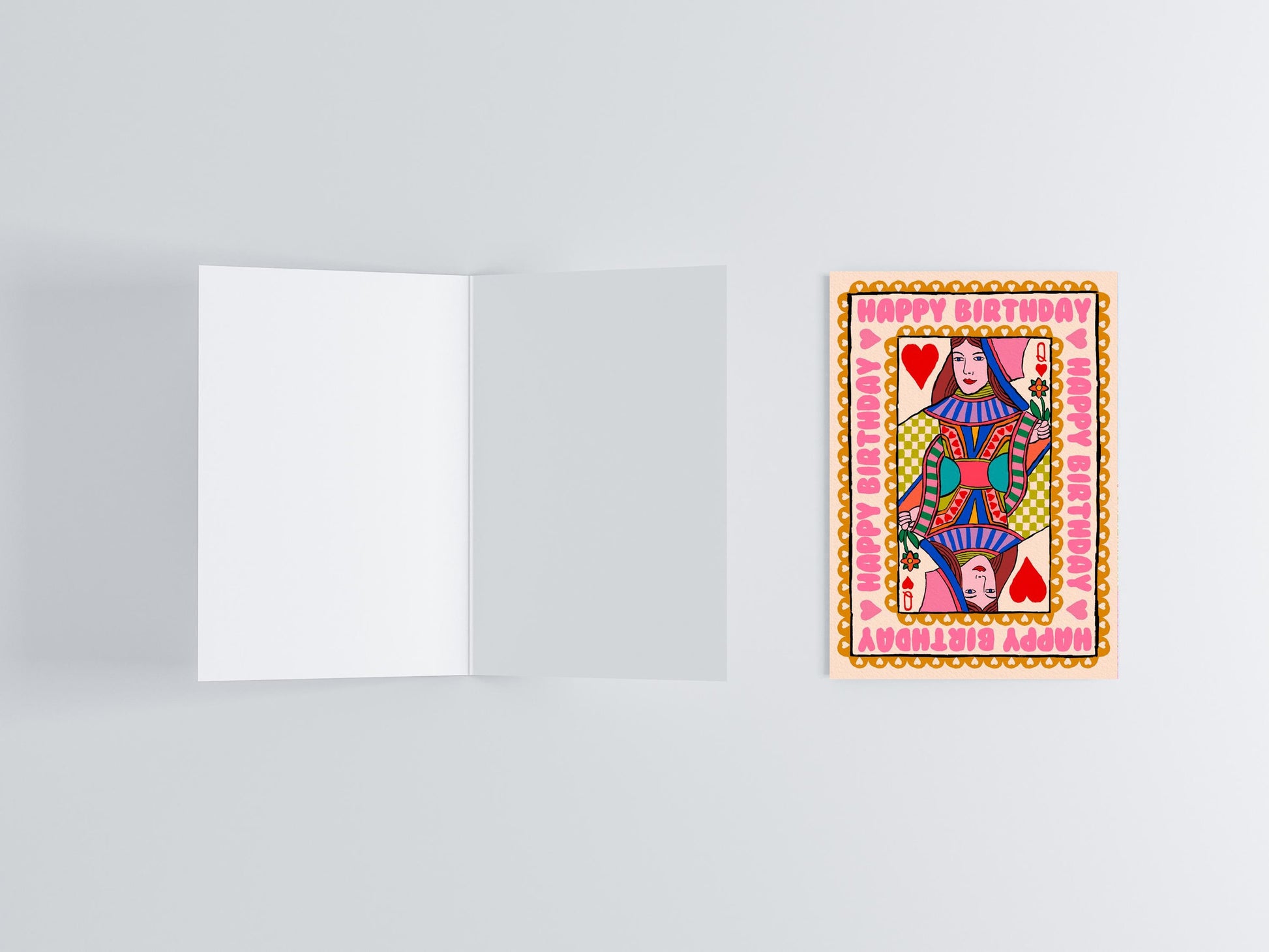 Happy Birthday Queen Of Hearts Playing Card Greeting Card flat lay photo | Mauds Studio