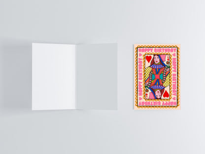 Happy Birthday Queen Of Hearts Playing Card Greeting Card flat lay photo | Mauds Studio