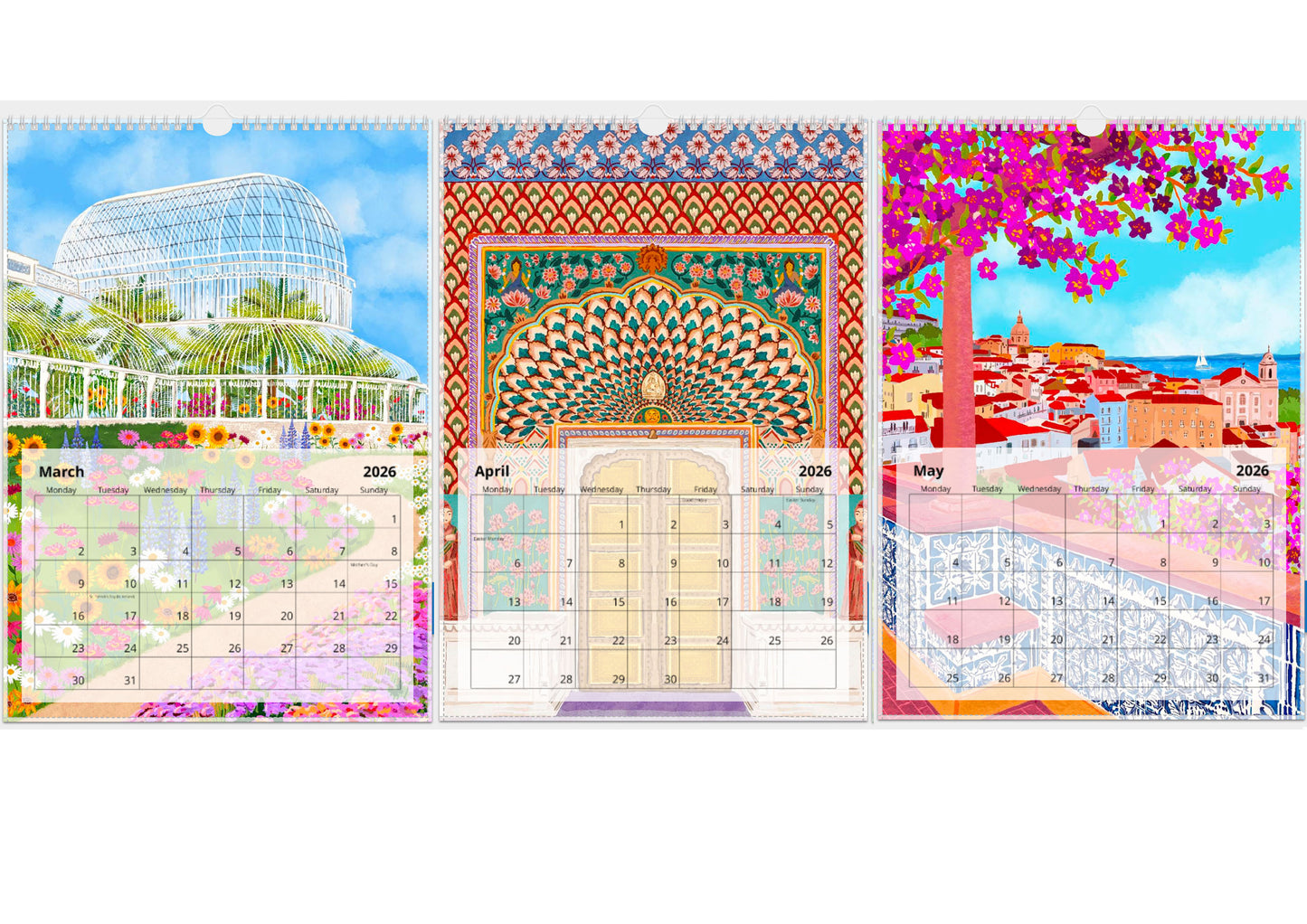 A3 2026 Travel Destinations Calendar | A3 Wall Calendar close up detail | Mauds Studio