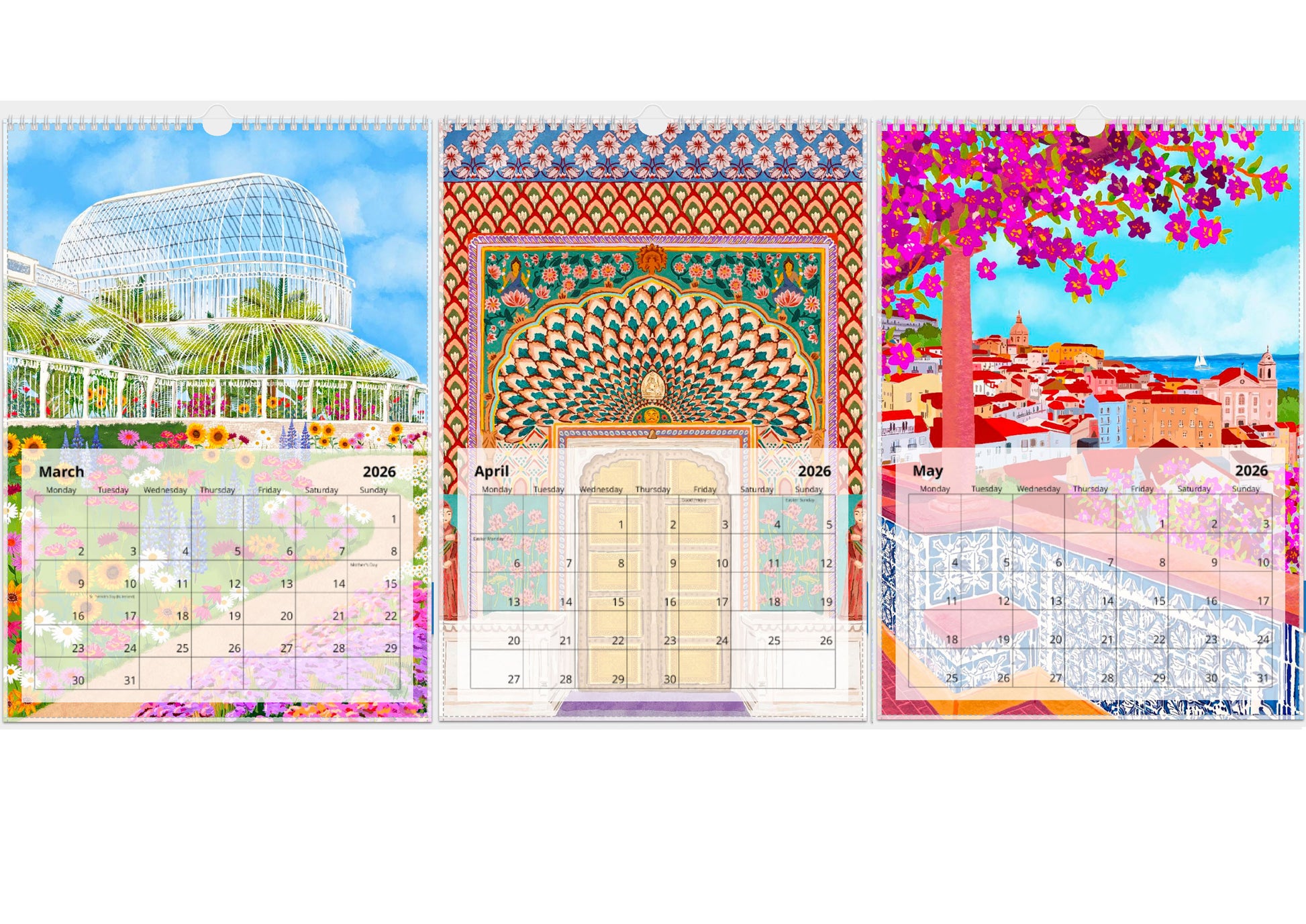 A3 2026 Travel Destinations Calendar | A3 Wall Calendar close up detail | Mauds Studio