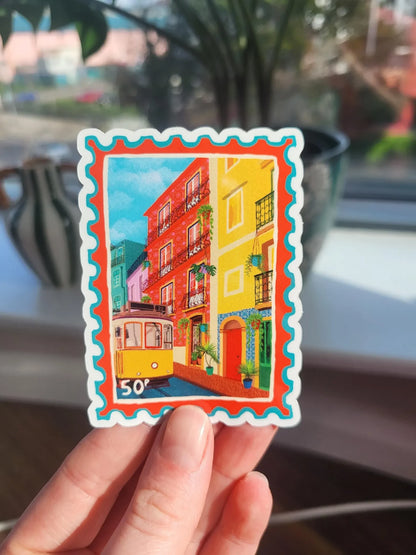 Lisbon Tram 28 Stamp Vinyl Sticker shown on a surface | Mauds Studio