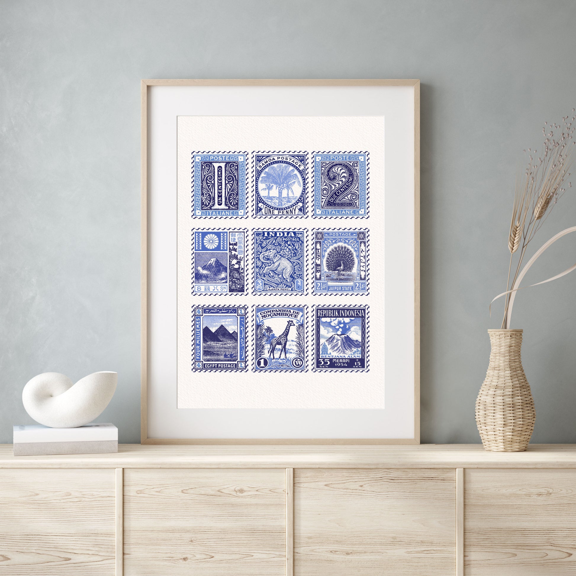 Vintage Blue Stamp Collection Travel Wall Art Print alternative view | Mauds Studio