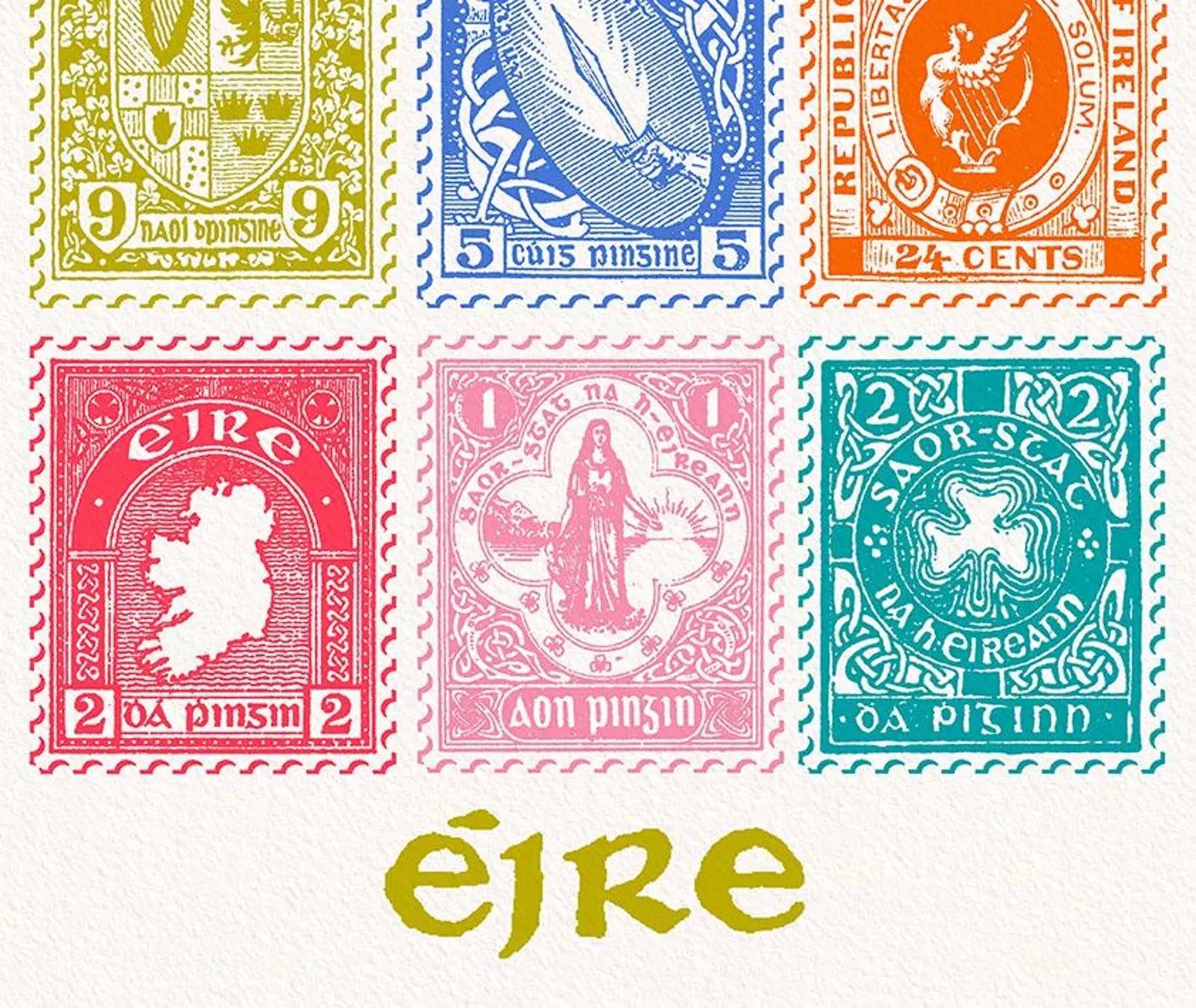 Irish Vintage Stamps Wall Art Print close up detail | Mauds Studio