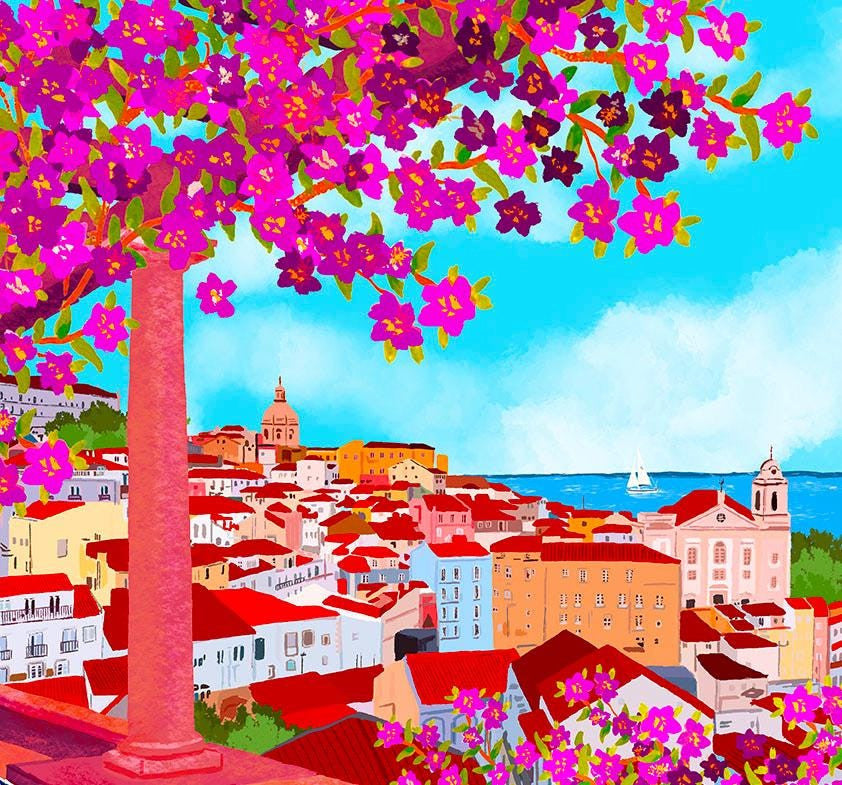 Lisbon Viewpoint Illustration – Portugal Wall Art shown in a room setting | Mauds Studio