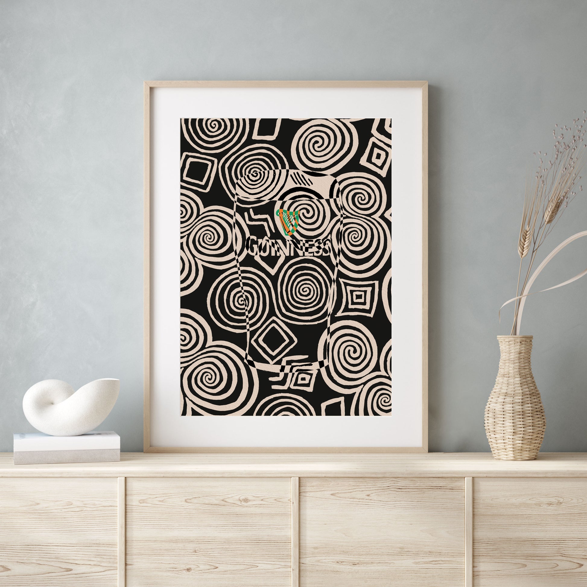 Guinness Monochrome Abstract Art Print | Celtic Tri-Spiral Print alternative view | Mauds Studio