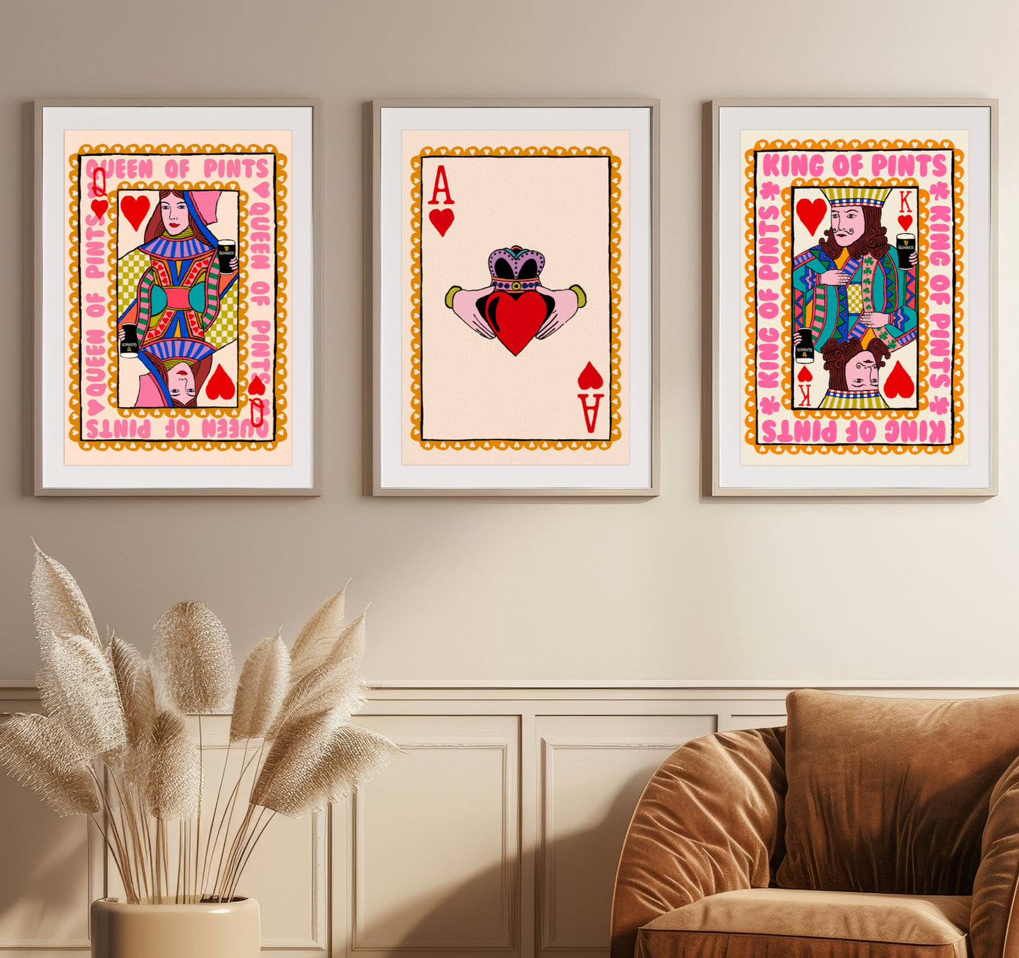 Set of 3- Irish Art Prints - Guinness, Claddagh, King and Queen Of Pints | Mauds Studio
