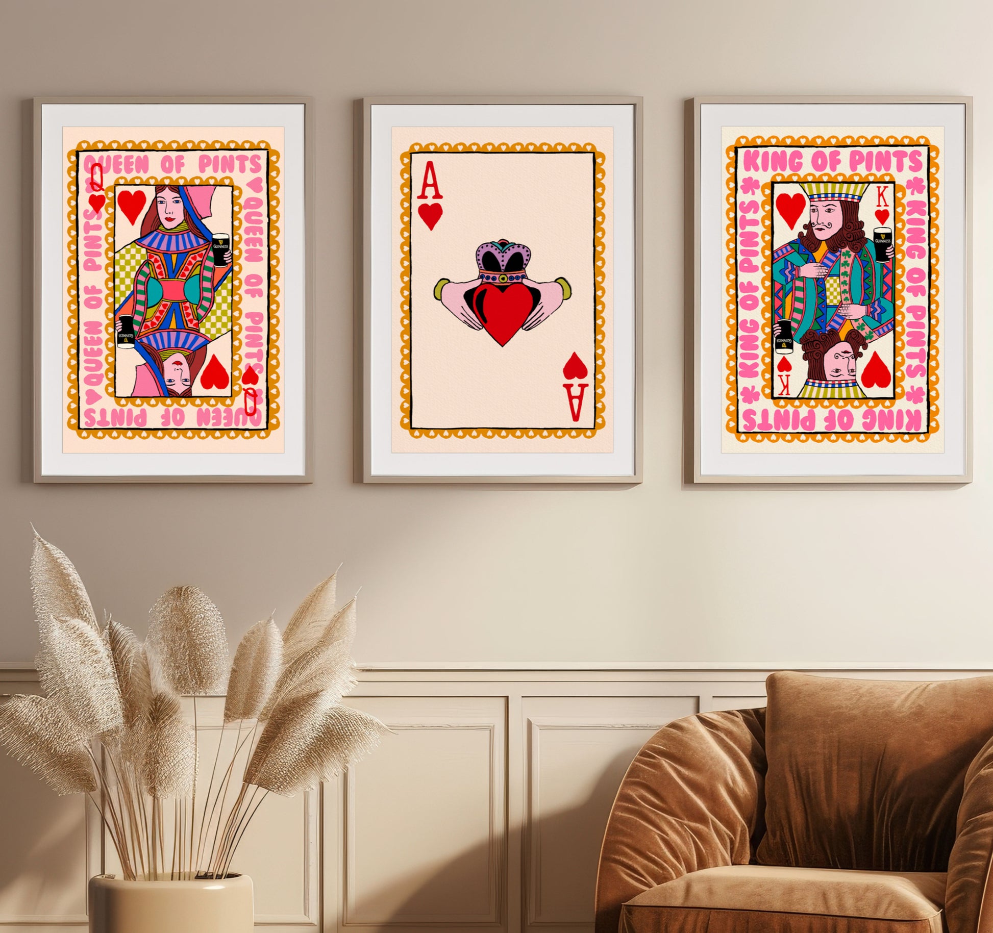 Set of 3- Irish Art Prints - Guinness, Claddagh, King and Queen Of Pints | Mauds Studio