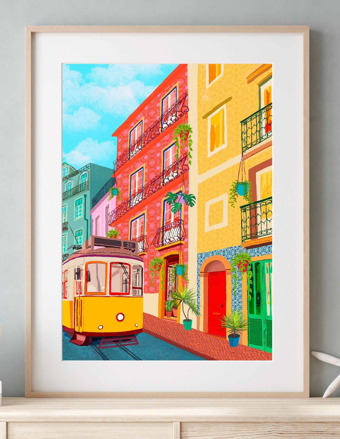Lisbon, Portugal Tram 28 Travel Print shown in a room setting | Mauds Studio