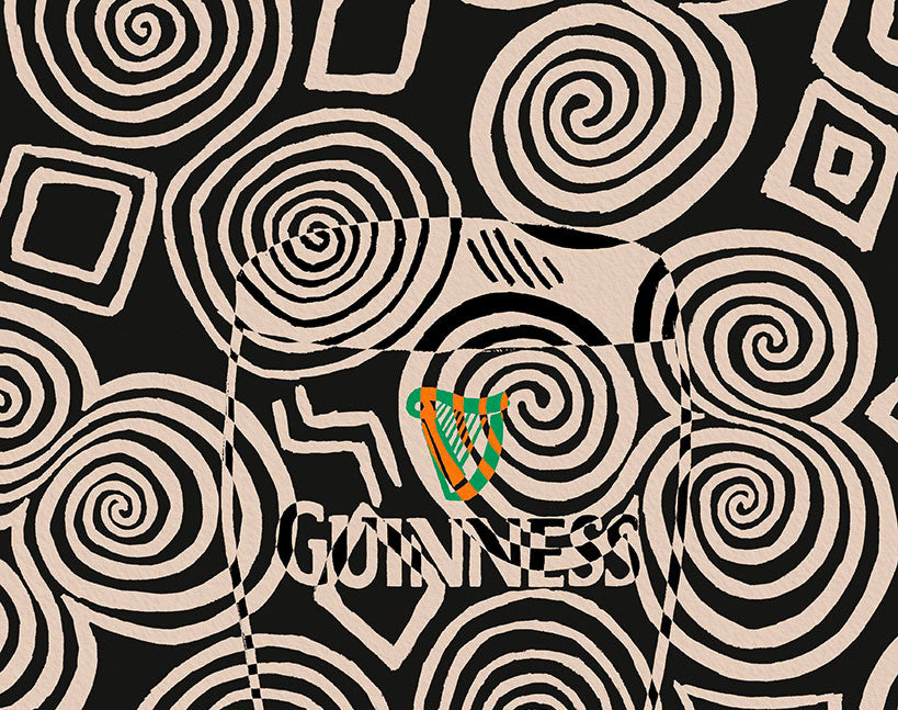 Guinness Monochrome Abstract Art Print | Celtic Tri-Spiral Print shown in a room setting | Mauds Studio