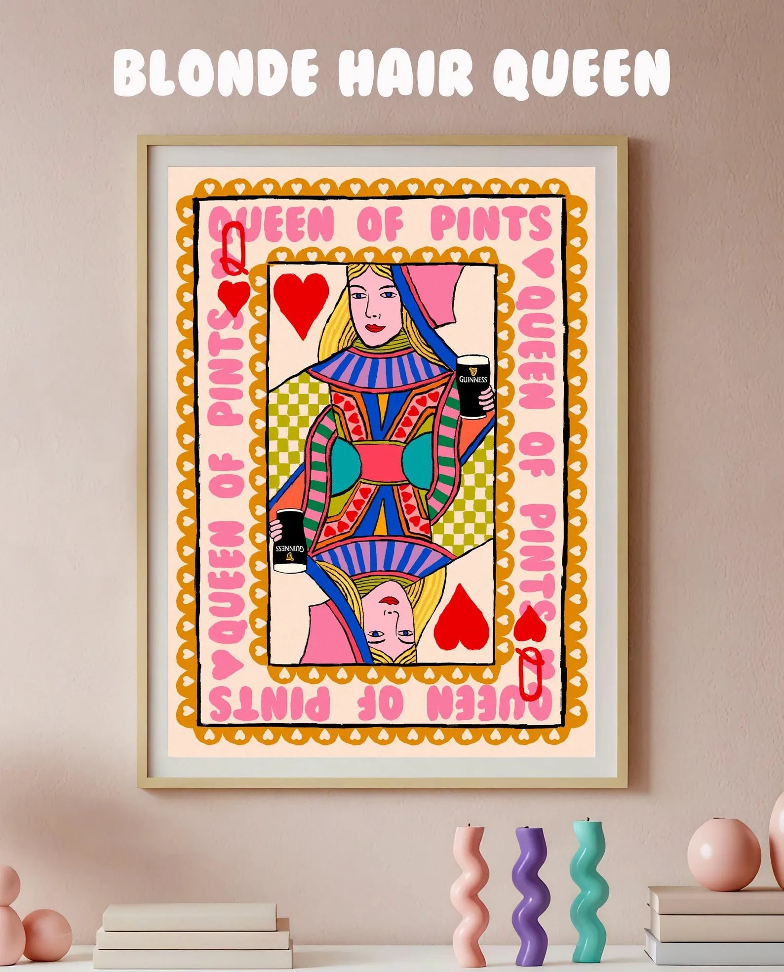 Queen Of Pints Playing Card | Wall Art Print shown in a room setting | Mauds Studio