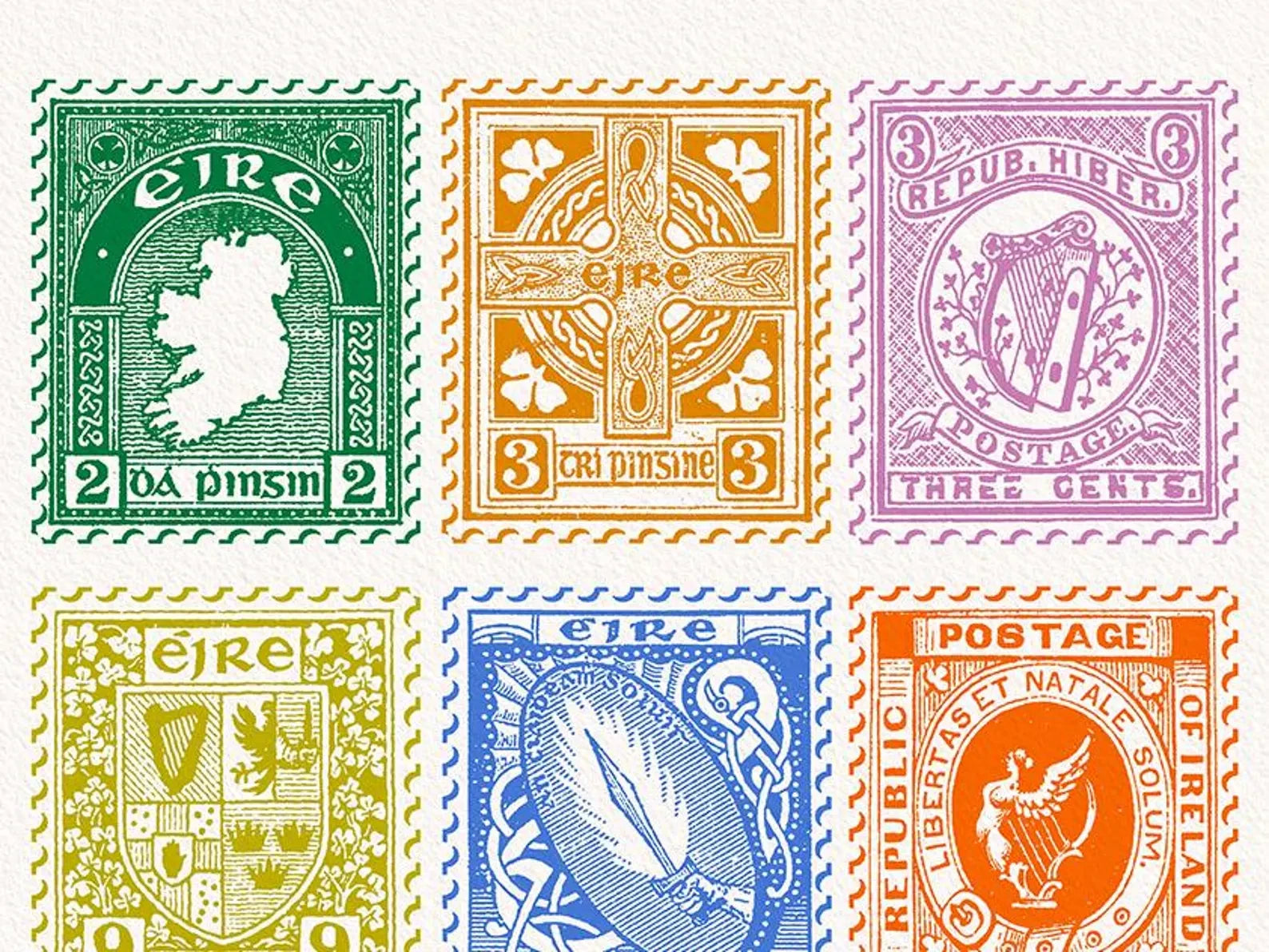 Irish Vintage Stamps Wall Art Print shown in a room setting | Mauds Studio