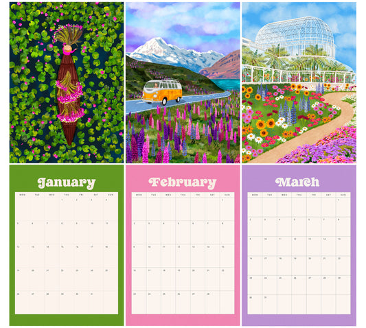2026 Travel Destinations A4 Wall Calendar – 12 Illustrated Prints shown in a room setting | Mauds Studio