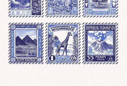 Vintage Blue Stamp Collection Travel Wall Art Print close up detail | Mauds Studio