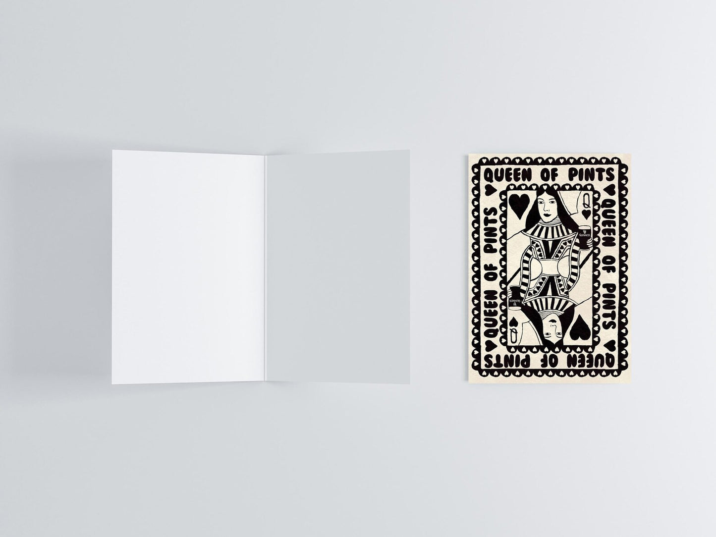 Black & White Queen Of Pints Greeting Card flat lay photo | Mauds Studio