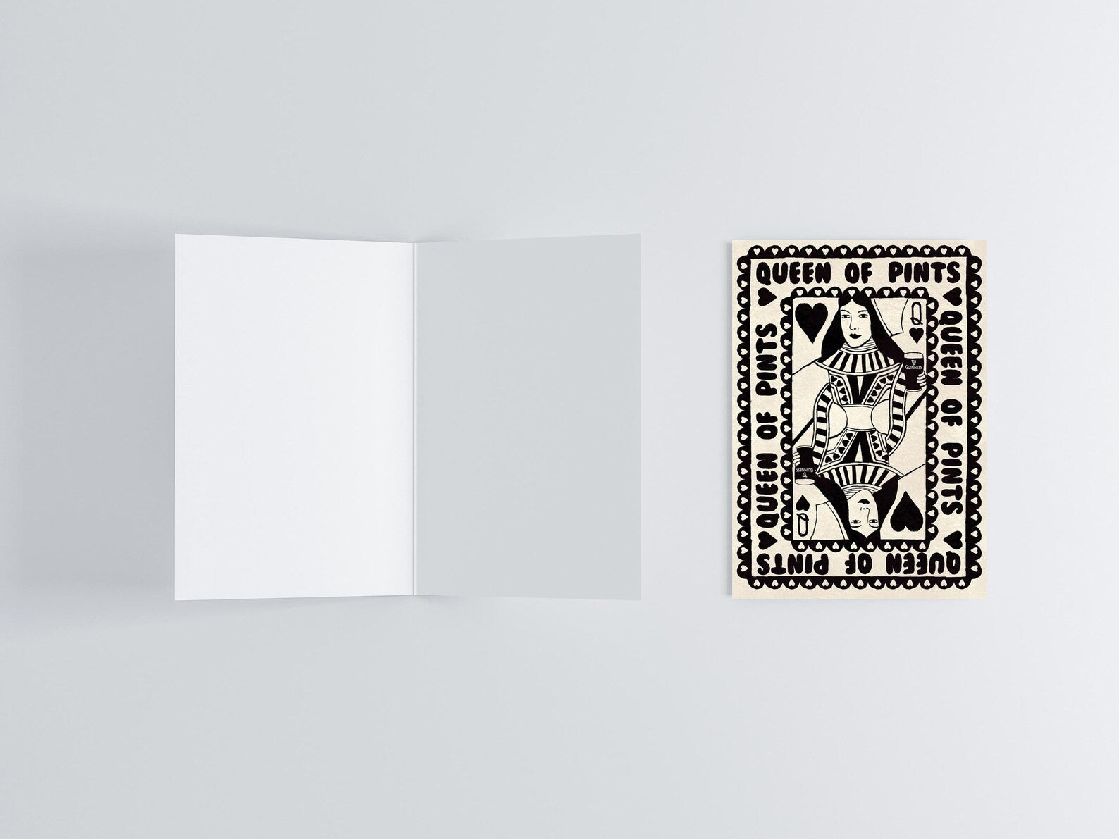 Black & White Queen Of Pints Greeting Card flat lay photo | Mauds Studio