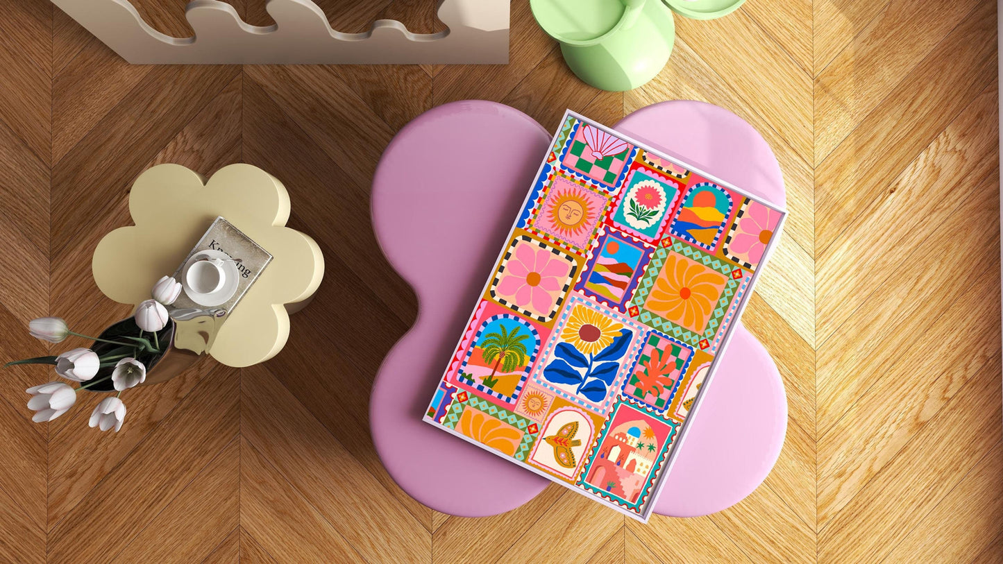 Travel Stamps & Flower Print shown in a room setting | Mauds Studio