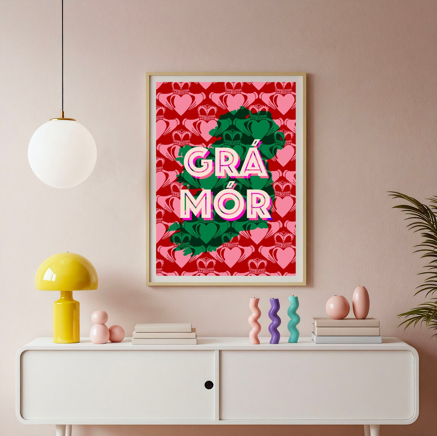 Grá Mór Claddagh Print - Irish Art shown in a room setting | Mauds Studio