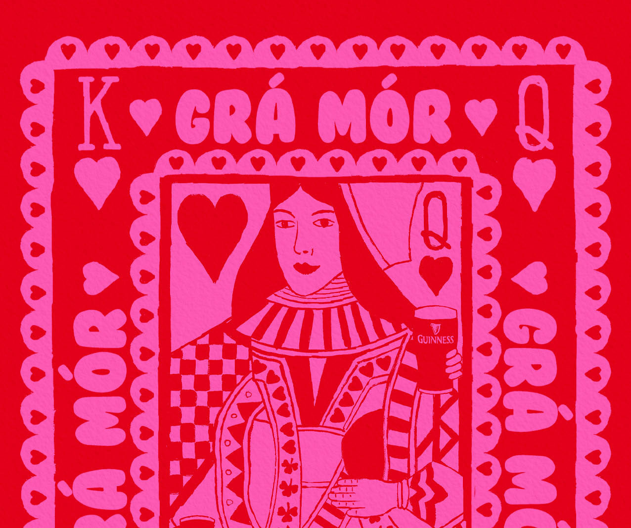 Pink & Red Grá Mór Playing Card | Irish Wall Art Print shown in a room setting | Mauds Studio